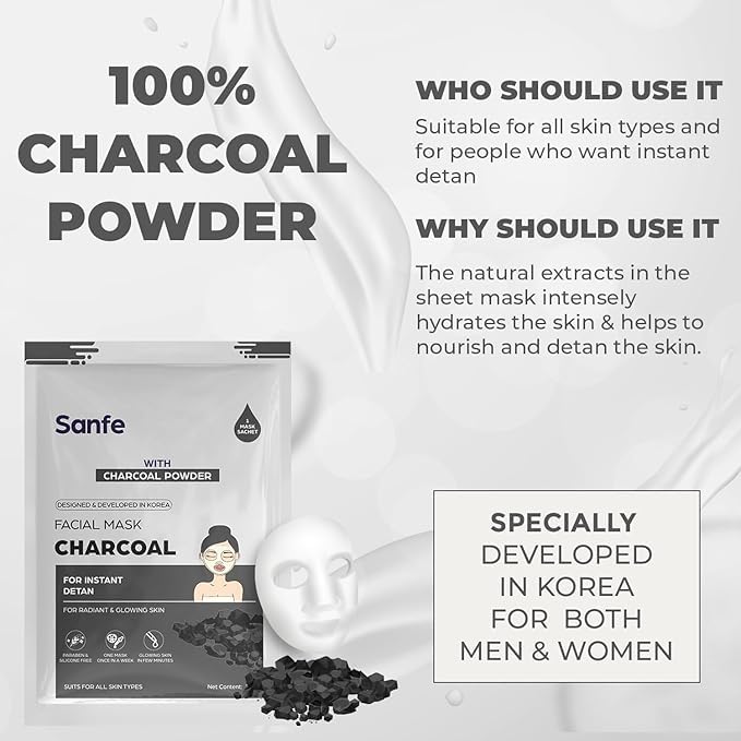 Image of Sanfe Instant Detan Charcoal Facial Mask | for Radiant & glowin Skin | 100% Fruit extracts, Korean Mask | 25gm | Pack of 3