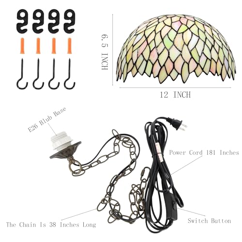 HWDFEI Tiffany Pendant Light Plug in Stained Glass Hanging lamp 12X12X181 Inch Hanging Lamp Living Room Bedroom Kitchen Dining Room Office（Seven Color Wisteria Style by HWDFEI - Used condition - Image 2