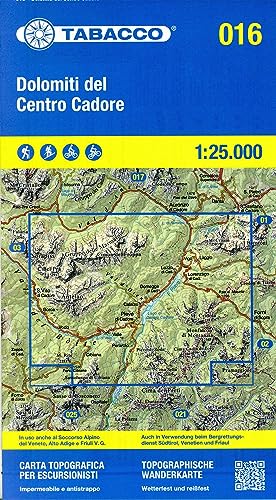  Dolomiti del Centro Cadore. Carta topografica in scala 1:25.000. Ediz. italiana, inglese, francese e tedesca: Tabacco Wanderkarte 1:25000: 16