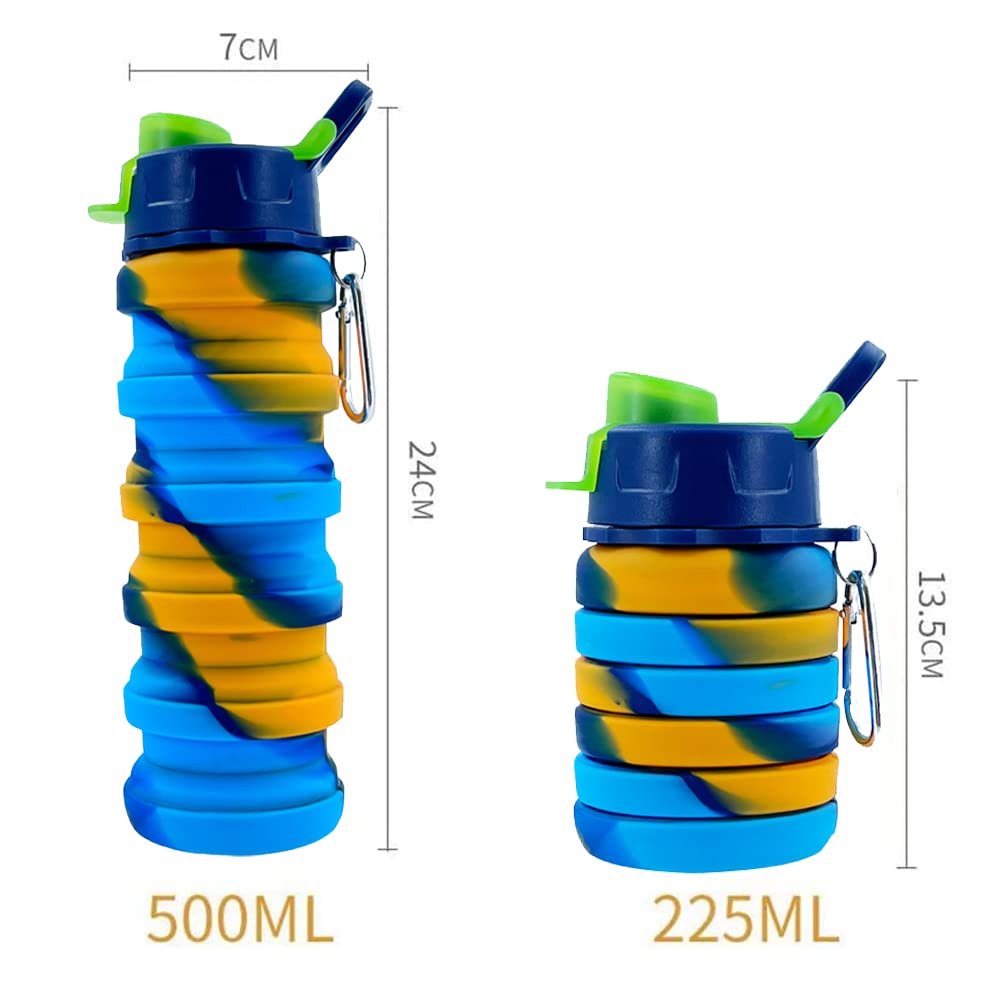 Faltbare Wasserflaschen, Silikon-Wasserflasche mit Karabiner, erweiterbare Wasserflasche, 500 ml, tragbare Sport-Trinkflasche für Reisen, Camping, 2 Stück (Gelb Camouflage + Rosarot)