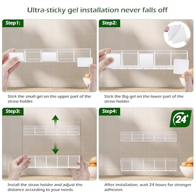 9.5¡± Large Acrylic Straw Holder for Cabinet Door - Ultra Sticky Adhesive Squares, Reusable Adjustable Organizer for Straws, Fits Kitchen Counter, Cupboard, Storage Dispenser£¨Transparent£© (1 PACK)