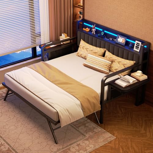 Daybed with Trundle and LED Light, Heavy Duty Metal Twin Bed Frame with Upholstered Storage Headboard & Charging Station, Day Bed Pop Up Trundle Bed Twin for Living Room,Bedroom and Guest Room (Black)