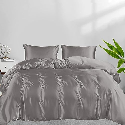 LINENWALAS 100% Natural Bamboo 3Pc Duvet Cover Pillowcases Set with Zipper and Corner Ties- Softest, Super Breathable, Cool Silk Soft Bedding Perfect for Skincare (Double, Light Grey)