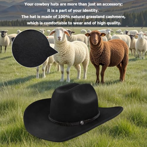 Image of 100% Wool Western Cowboy Hat for Men Women Classic Fedora Hat Felt Cowgirls Hats with Two Decorative Bands