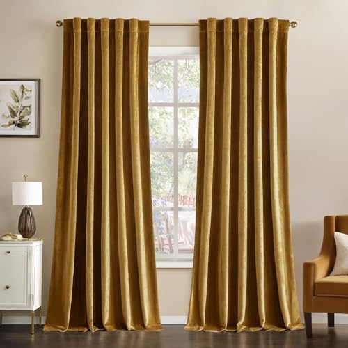 MIULEE Gold Velvet Curtains 84 inches - Luxury Room Darkening Curtains for Bedroom Living Room Thermal Insulated Super Soft Blackout Window Drapes Back Tab Golden W52 x L84 inches 2 Panels