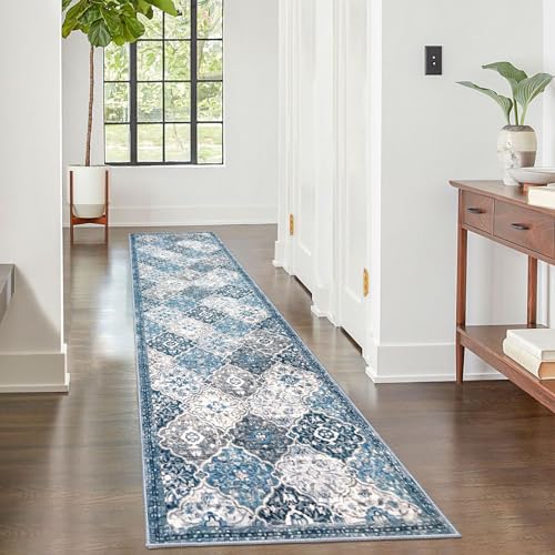 KILOCOCO 2x8 Runner Rug, Moroccan Super Soft Washable Hallway Entryway Runner Rug, Accent Print Faux Wool Kitchen Runner Rug 8 Feet Non-Slip Boho Rug Runners for Laundry Room Bedroom, Blue/Multi