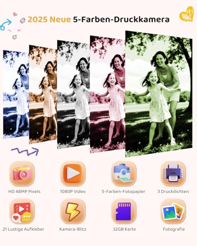 orantronx Kinderkamera Sofortbildkamera Kinder, 2 Kinder Kamera Sofortbildkamera Farbdruck, 1080P mit 32GB-Karte, Geburtstagsgeschenk Weihnachten Geschenk Spielzeug ab 3-12 Jahre Jungen und Mädchen