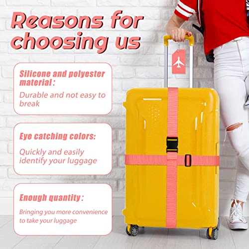 Image of Weewooday 8 Pcs Luggage Straps Suitcase Tags Set for TSA Approved, 4 Travel Adjustable Suitcase Belt, 4 Silicone Luggage Tags with Name ID Card Travel Accessories(Dark Pink,Airplane)