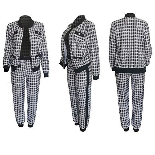 LKOUS 2 Piece Work Suits for Women's Houndstooth Print Buttons Open Front Long Sleeve Coat + Long Pants Casual Clothes4