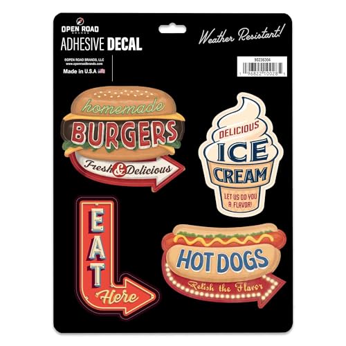 Food-Themed Adhesive Vinyl Decals - Vintage Diner-Inspired Set of Stickers for Car, Window, or Laptop - Great for Foodies