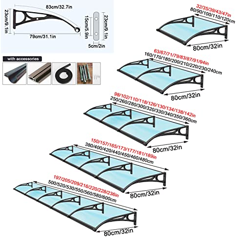 Toldo para puerta de entrada de policarbonato azul y aluminio negro de 80 cm para exterior 3