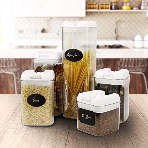 Stackable Airtight Food Storage Containers - Set of 5 | Plastic Storage Jars | Pantry Dry Food Storage | 10 Reusable Stickers & Chalk Pen | M&W