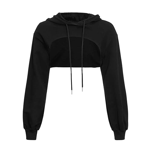 Cropped Hoodies for Women Long Sleeve Cut out Drawstring Hoodie Y2k Crop Tops Sweatshirt Pullover Top Aesthetic Punk Hip Hop Dance Sexy Rave Cloth Women's Fashion for Mum - M - Black