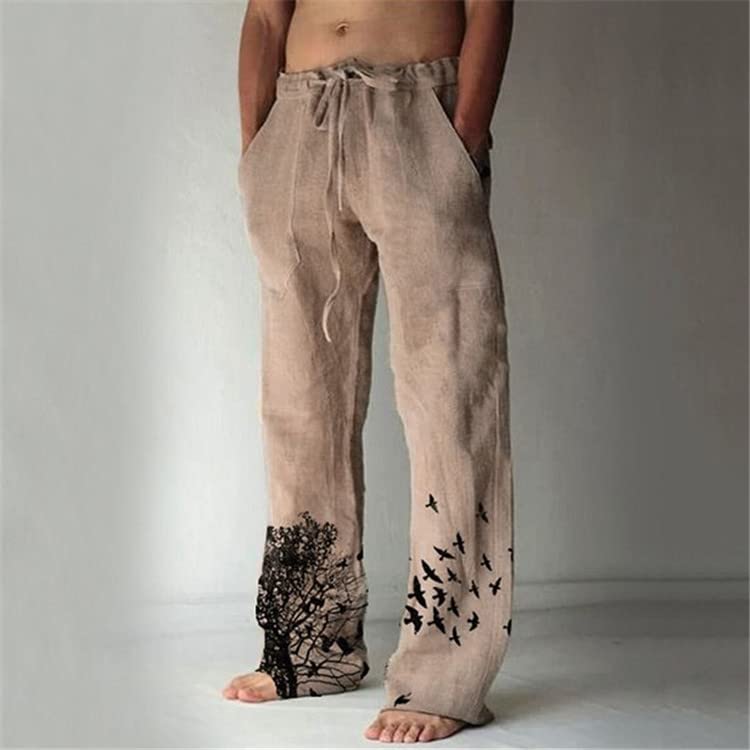 Mens Linen Casual Pants Loose Fit Wide Leg Elastic Waist Joggers Summer Cool Slacks Printed Yoga Beach Pants for Men2