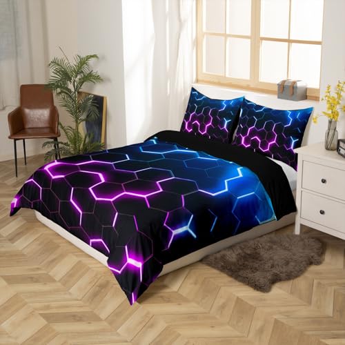 Homewish Single Duvet Cover Set for Kids Adults Honeycomb Bedding Set for Teenage Boy Blue Purple Gradient Duvet Cover for Girls Women Cool Geometric Black Bedding - Image 3