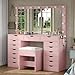 Yanosaku 15 Drawers Vanity Desk with Power Outlet, Makeup Table with Mirror and 13 LED Lights, 3 Color Lighting Modes, Brightness Adjustable, Glass Top Dressing Table, Vanity Set for Bedroom, Pink