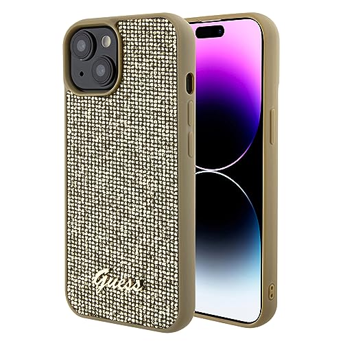 Coque iPhone 15 Guess Disco Métal script rigide dorée pour protection 6,1 pouces