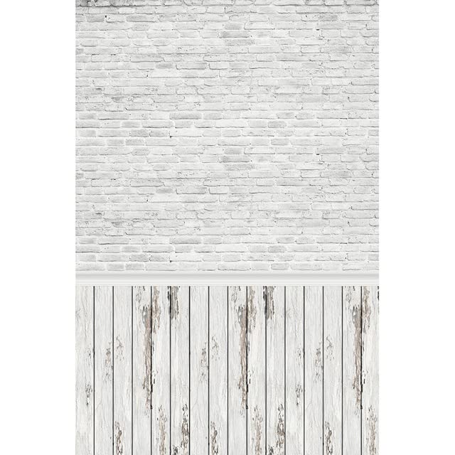 Vinilo Gris Blanco Pared de Ladrillo Piso de Madera Fondos Baby Shower Retrato Juguete Mascota Pastel Cumpleaños Fotografía Telones de Fondo para Foto FRFF04 9x6ft/2.7x1.8m