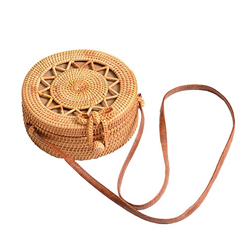 Howoo Tournesol Creux-sculpté Sac Rond de Panier de rotin,Sac de Paille,Sac à la Main,Sac à Tisser,Sac tissé à la Main,Sac de Plage d'été,Sac d'épaule,Sac bandoulière pour Femmes/Filles Kaki Doublure