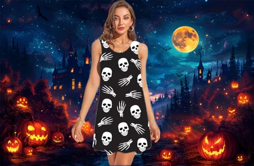 Image of Halloween Skeleton Sundresses Women Skull Print Sleeveless Pumpkin Face Jack O' Lantern Mini Tank Dress