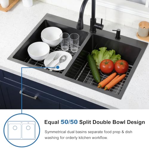 Image of SHACO 33x22 Inch 50 /50 Double Bowl Black Drop In Kitchen Sink, 33 Inch Gunmetal Black 16 Gauge Stainless Steel Top Mount Kitchen Sink with Grid and Accessories