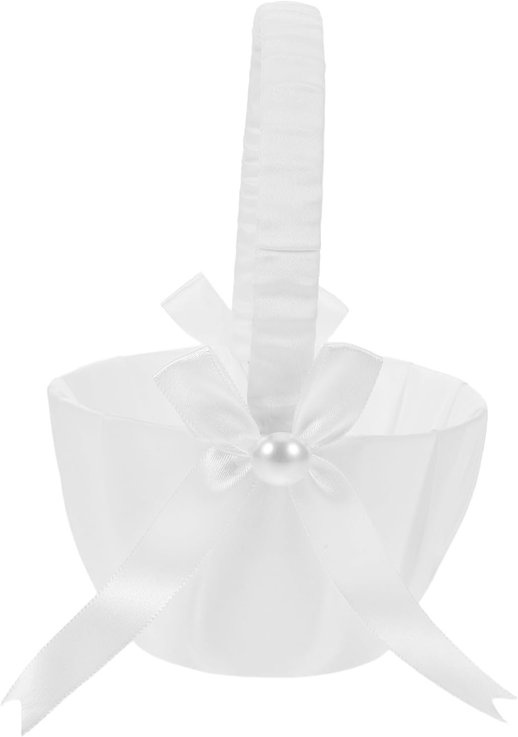 4pcs White Satin Bowknot Flower Girl Basket with Handle, Small Bridal Floral Basket with Pearl Decoration for Wedding Ceremony and Outdoor Decor