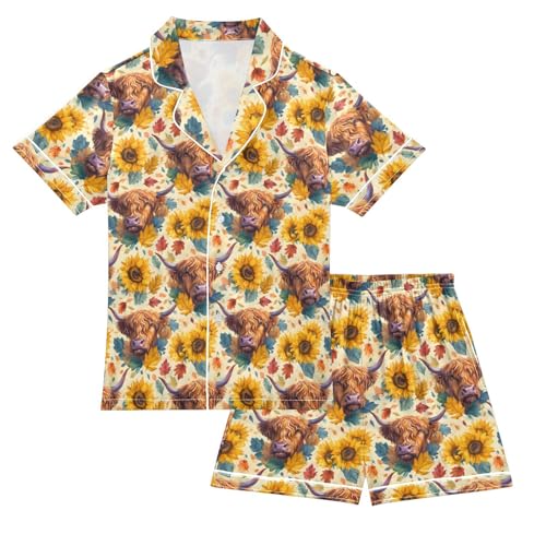 ALAZA Watercolor Yak Cow Sunflower Blossom Satin Pajamas Set Short Sleeve Button Down Sleepwear Summer Pjs 2 Piece