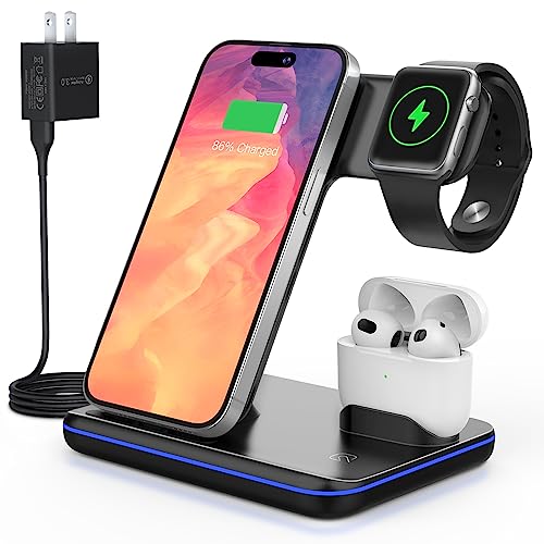 Wireless Charger 3 in 1,15W Fast Charging Station for iPhone/iWatch/AirPods,Have Controllable Cool Lights,Compact Design,Give You A Tidy Desktop/Nightstand/Desk!Instant Charging & Cable Saving!
