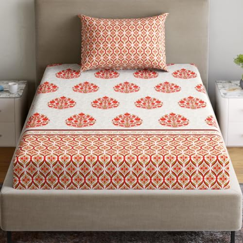 Image of Home Ecstasy 100% Cotton Single Bedsheet with 1 Pillow Cover - (Size 59 x 87 inches, 140 TC, Colour - Red)