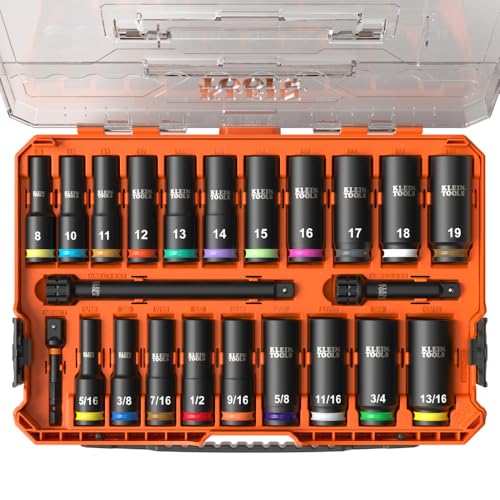 Image of Klein Tools 65121IMPCT KNECT Deep-Well 3 /8-Inch Drive Impact Socket Set, SAE and Metric, 23-Piece Tool Set, Impact Driver Adapter, Multi-Purpose Wrench Adapter, Color-Coded, MODbox Socket Organizer