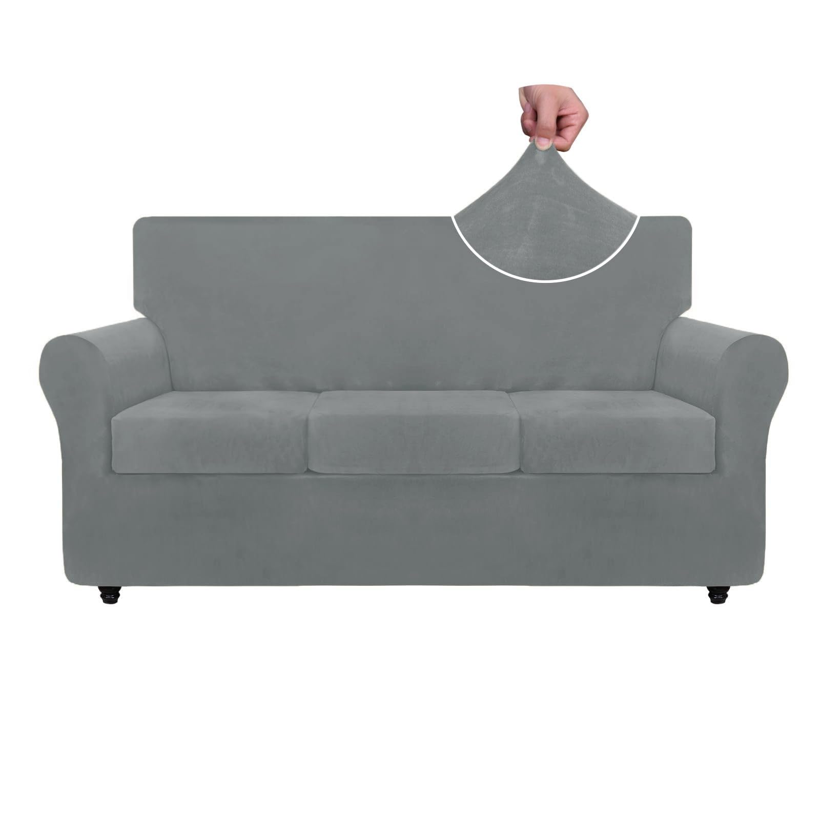 znsayotx luxury velvet couch cover 4 piece stretch sofa covers for 3 cushion couch thick soft spandex sofa slipcover living room anti slip dogs furniture protector (light grey), 71"-91"(3 cushions)