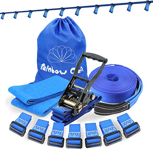 Rainbow Craft Ninja Rope for Attaching Kids Ninja Obstacle Accessories - Heavy Duty Towing Strap Grade Ninja Slackline for Hanging Ninja Attachments - 12pc Removable Loops Buckles (Blue Color)