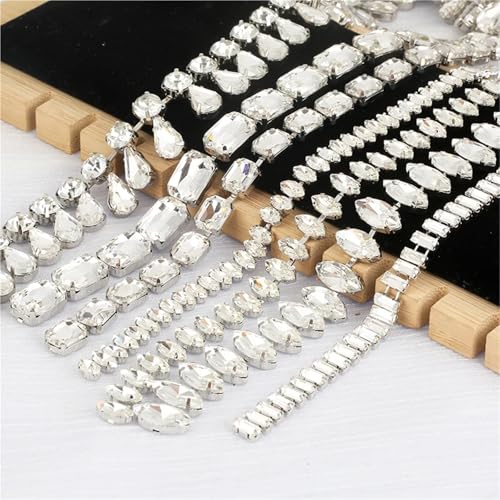 Chaîne de fermeture avec strass ovales haut de gamme, base argentée pour création de mode