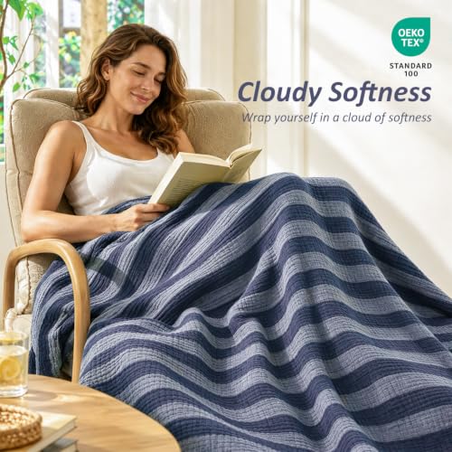 Image of EMME Muslin Cotton Blanket Striped Adults Bed Dark Navy Twin XL 66 inchx 90 inch