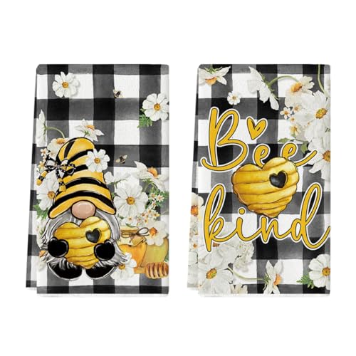 Artoid Mode Buffalo Plaid Gnome Bee Summer Kitchen Towels Dish Towels, 18x26 Inch Seasonal Summer Decoration Hand Towels Set of 2