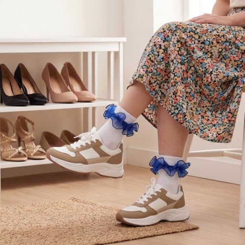 Image of Geyoga 3 Pairs Women Big Ruffle Socks Turn Cuff, Double Lace Ankle Cotton Frilly Socks for Ladies Summer
