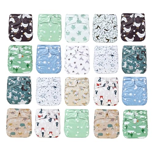 KaWaii Baby One Size Pocket Cloth Diaper Shells, Washable, Reusable, Adjustable, Leakproof, Newborn to Toddler 8-36 lbs Animal Learning Bundle, Pack of 20