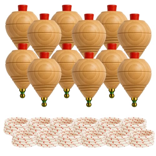 Peonza Madera para Niños Pack 12 Trompos + 12 Cuerdas | Packs de 2-4-6-8-12-16... Unidaes. | Hecho a Mano en España con Punta Redonda.