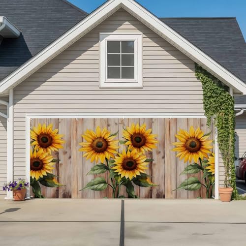 Garage Door Banner Farm Sunflowers on Wood Grain Garage Door