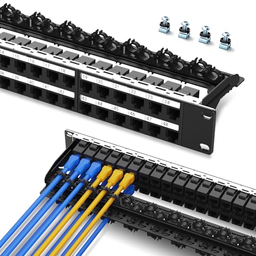 PBAEGAV Patch Panel 48 Port with Cat6A Keystone Jack【EC Listed】 UTP with Cable Management and Support Bar for 10 Gigabit Ethernet 110 or Krone Impact Tools Compatible(CAT6A,48Port