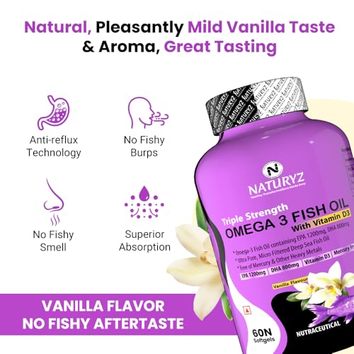 Image of Naturyz Vanilla Flavoured Triple Strength 2500mg Omega 3 Fish Oil with Vitamin D3|Highest Strength 2000 mg Omega 3 Per Serving (EPA 1200mg DHA 800mg) Deep Sea Fish Oil for Unisex-60 Capsules,100 grams