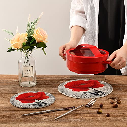 Slhkpns Retro Poppy Flowers Kitchen Pot Holders 2 Pack Vintage Red Floral Trivet Mats Set 100% Cotton Round Thread Weave Hot Pads Stylish Coasters For Baking Cooking Cups Dinning Counter, Red Flower #TOP5