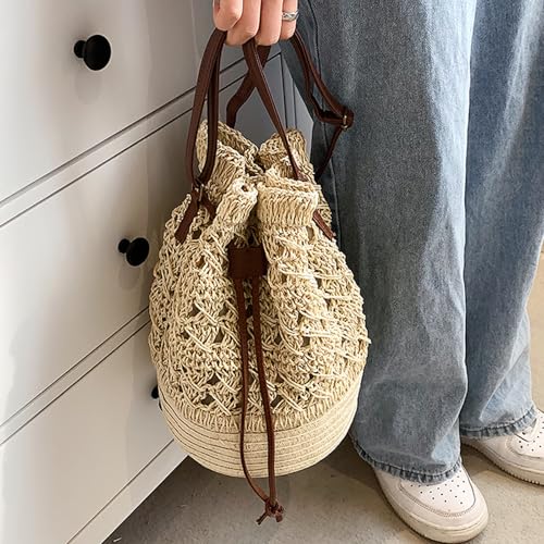 Image of Women Straw Backpack Summer Beach Casual Casual Daypacks,Beige, large