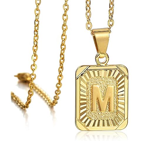 Hermah 26 Gold Plated Square Capital Initial Letter Charm Pendant Necklace for Men Women Box Steel Chain 22inch Cover