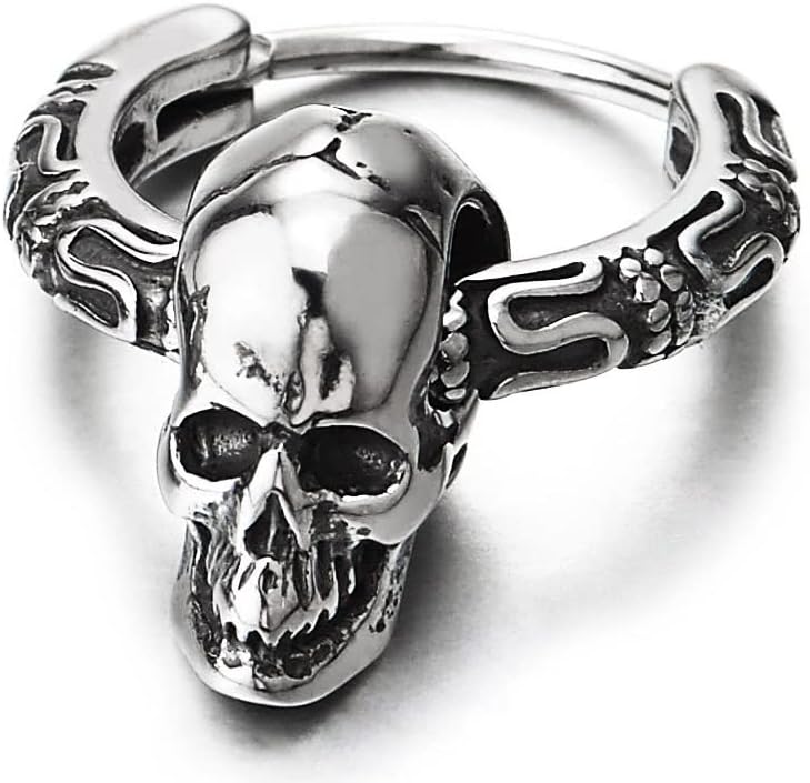 Mens Womens Stainless Steel Vintage Circle Huggie Hinged Hoop Earrings Dangle with Skulls, 2pcs - Image 4