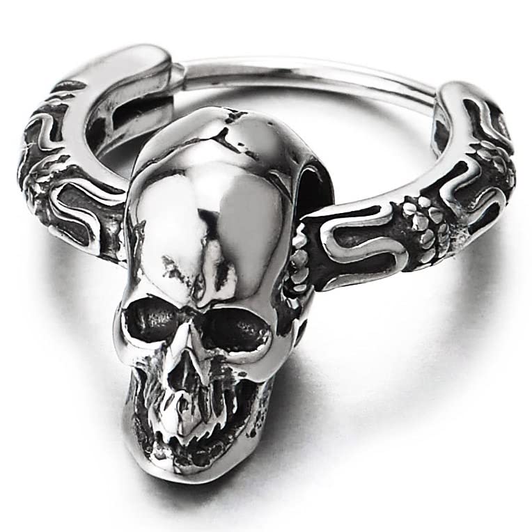 Mens Womens Stainless Steel Vintage Circle Huggie Hinged Hoop Earrings Dangle with Skulls, 2pcs4