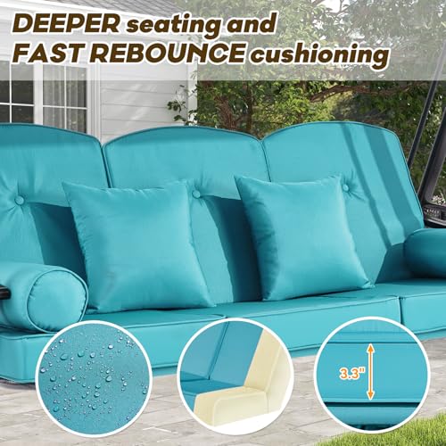 Image of 3 in 1 Outdoor Porch Swing with Adjustable Canopy, 3 Seat Outdoor Swing for Adults, Patio Swing Chair with Thickened Cushions,Pillows & Cup Holders for Backyard, Porch, Garden (Lake Blue)