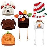 6 Pcs Halloween Baby Crochet Beanie Set, Pumpkin Hat Elf Long Tail Caps Christmas Hats Deer Turkey Knitted Cap for 3-6 Months Infant Kids Thanksgiving Christmas Fall Xmas Photo Prop
