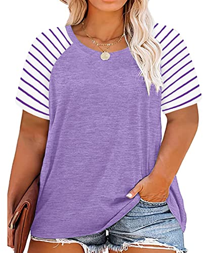 Image of CARCOS Plus Size Tops for Women Short Sleeve Raglan Striped Tee Color Block Crewneck /V Neck Tunic Loose Fit Summer XL-5XL