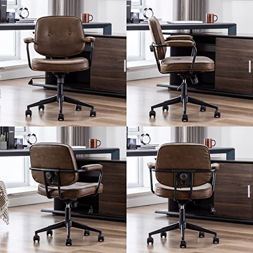 Lukealon Adjustable Pu Leather Home Office Chair, Comfy 360° Swivel Task Chair With Armrest Modern Thickened Seat Desk Chair Tiltable Computer Chair With Buttons & Wheels, Brown #TOP2